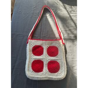 Hand Crafted Crochet CrossBody Tote Bag white Granny Square BoHo red Festival